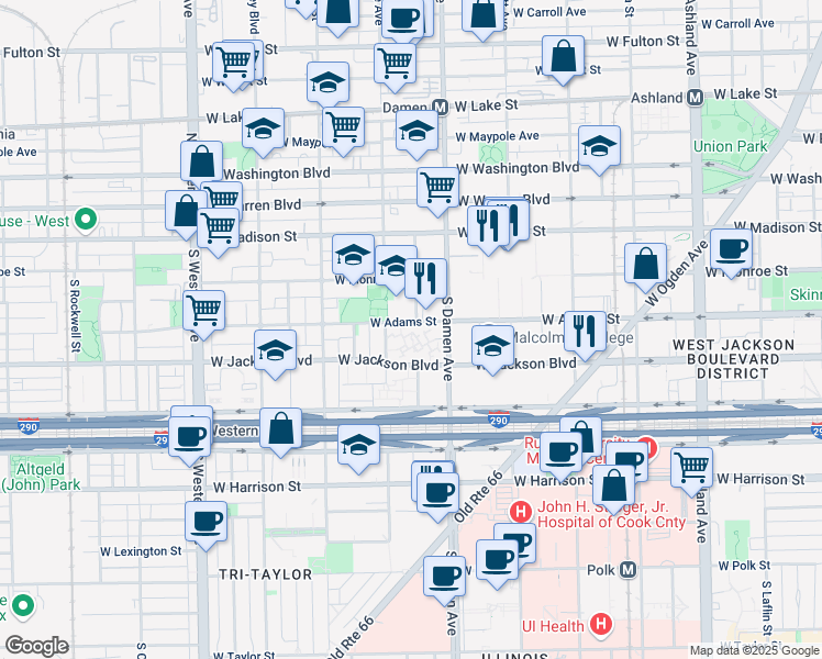 map of restaurants, bars, coffee shops, grocery stores, and more near 2035 West Adams Street in Chicago