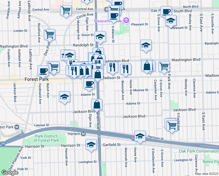 map of restaurants, bars, coffee shops, grocery stores, and more near 520 South Maple Avenue in Oak Park