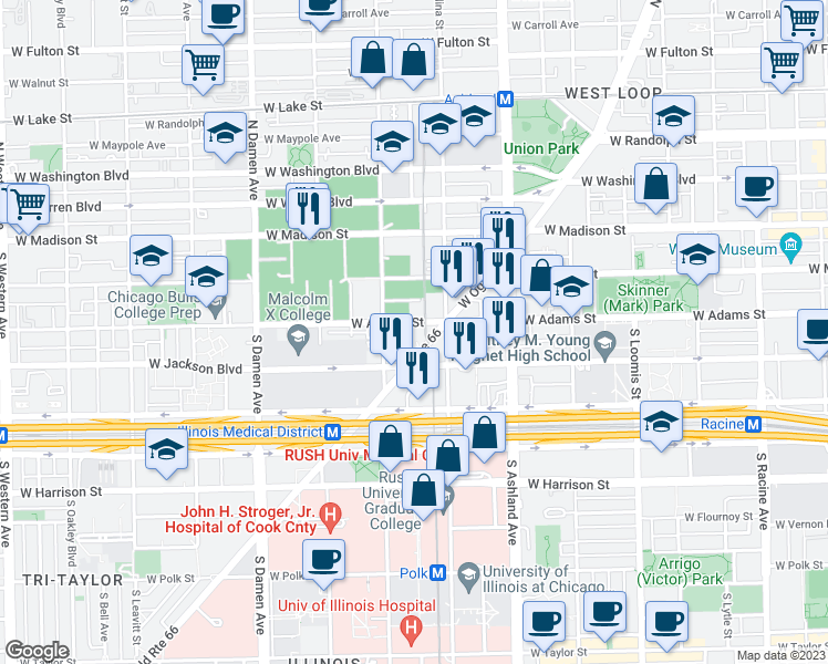 map of restaurants, bars, coffee shops, grocery stores, and more near 1731 West Adams Street in Chicago