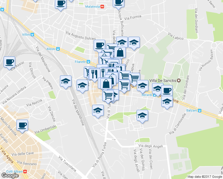 map of restaurants, bars, coffee shops, grocery stores, and more near 64 Via di Tor Pignattara in Rome