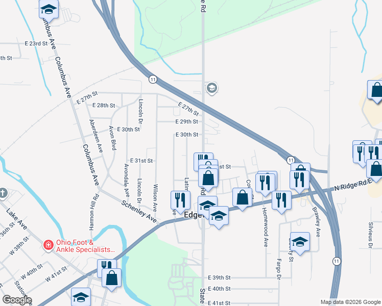 map of restaurants, bars, coffee shops, grocery stores, and more near 3044 Latimer Ave in Ashtabula