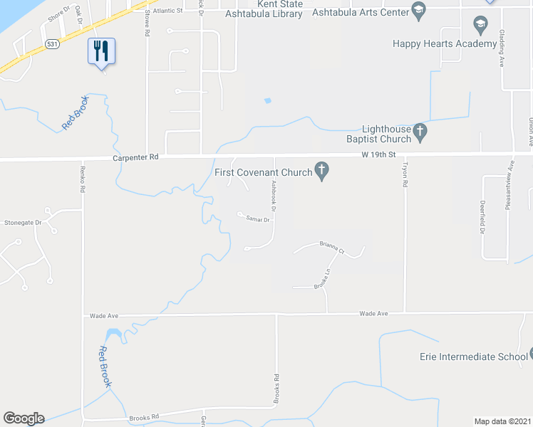 map of restaurants, bars, coffee shops, grocery stores, and more near 2215 Ashbrook Drive in Ashtabula