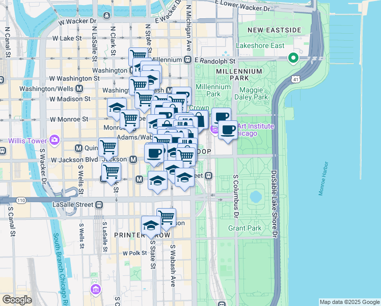 map of restaurants, bars, coffee shops, grocery stores, and more near 232 South Michigan Avenue in Chicago