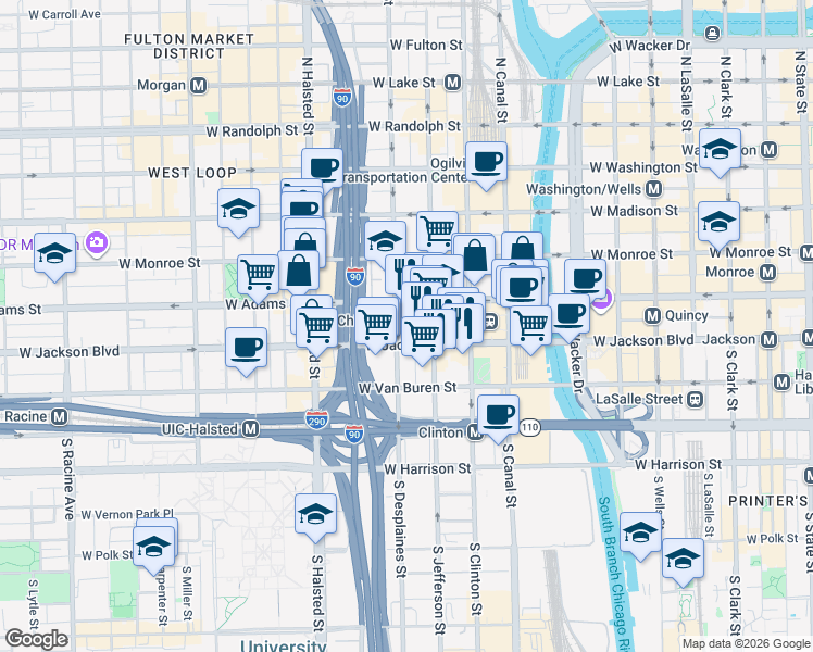 map of restaurants, bars, coffee shops, grocery stores, and more near 223 South Desplaines Street in Chicago
