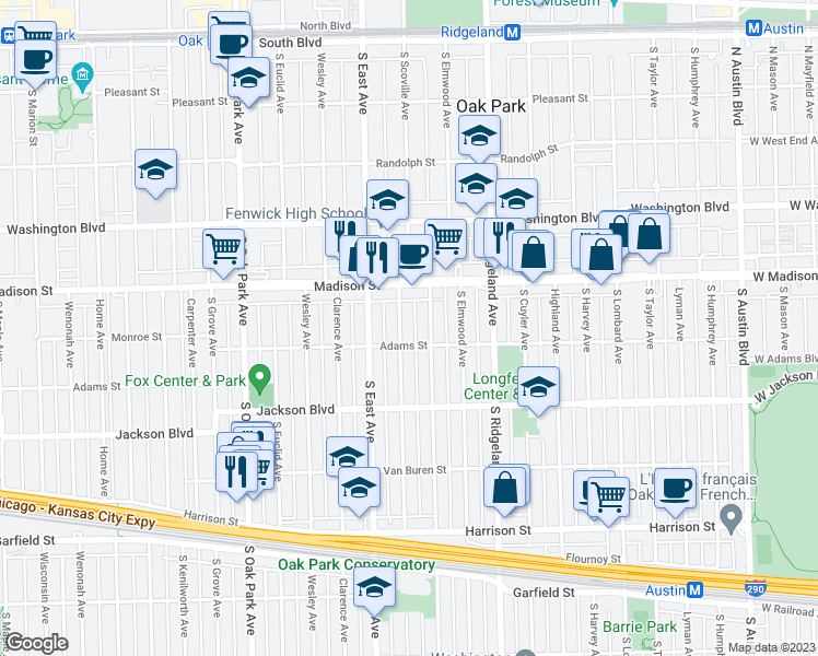 map of restaurants, bars, coffee shops, grocery stores, and more near 534 South Scoville Avenue in Oak Park