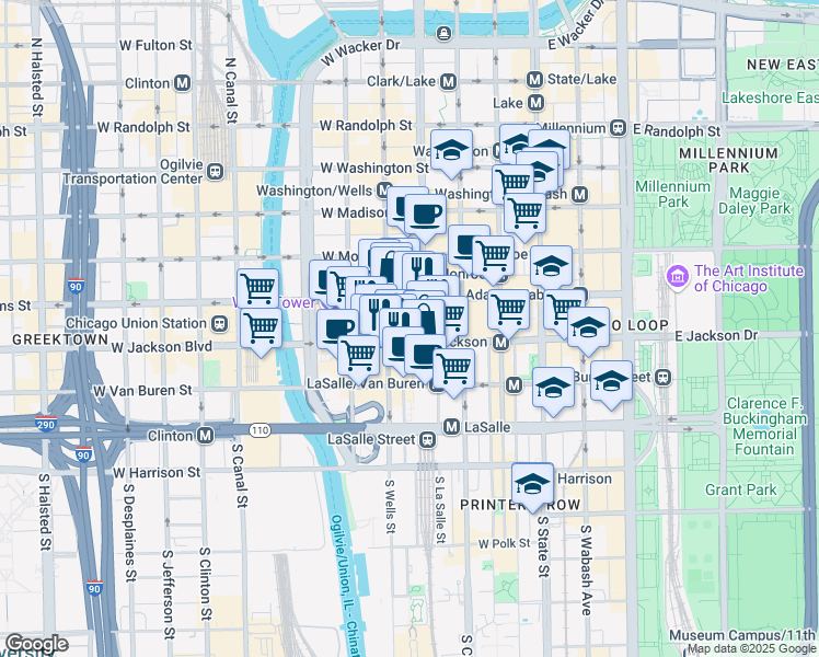 map of restaurants, bars, coffee shops, grocery stores, and more near 230 South LaSalle Street in Chicago