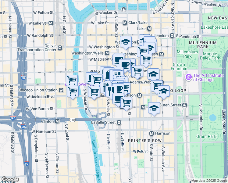 map of restaurants, bars, coffee shops, grocery stores, and more near 230 South LaSalle Street in Chicago