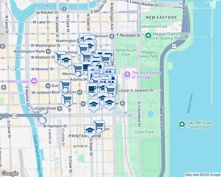 map of restaurants, bars, coffee shops, grocery stores, and more near 224 South Michigan Avenue in Chicago