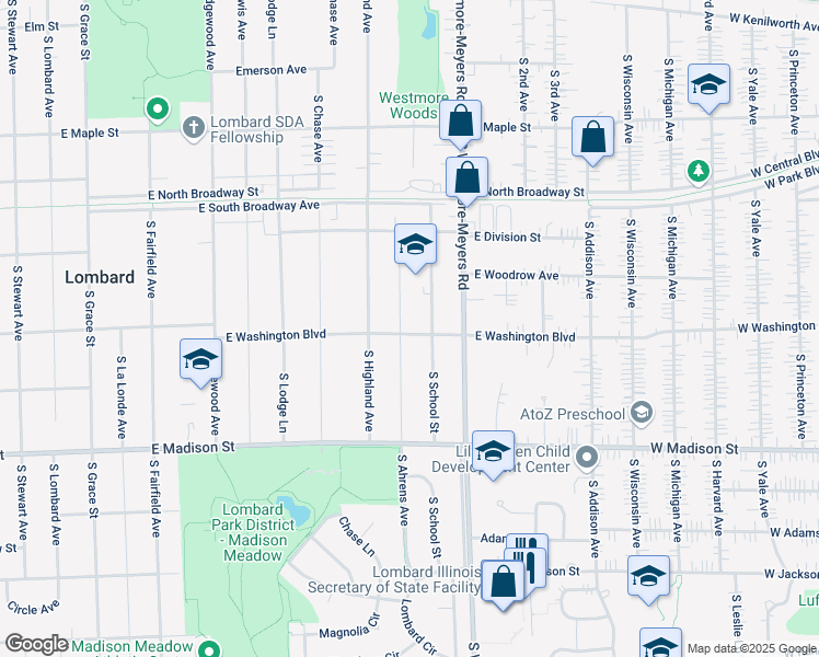 map of restaurants, bars, coffee shops, grocery stores, and more near 830 East Washington Boulevard in Lombard