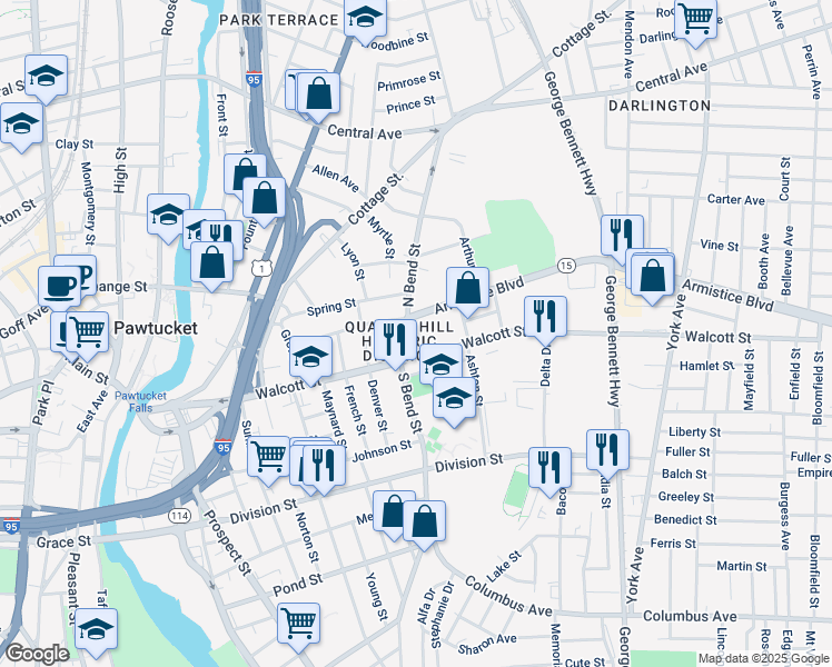 map of restaurants, bars, coffee shops, grocery stores, and more near 25 North Bend Street in Pawtucket