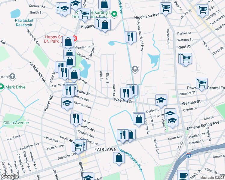 map of restaurants, bars, coffee shops, grocery stores, and more near 32 Hazel Street in Pawtucket
