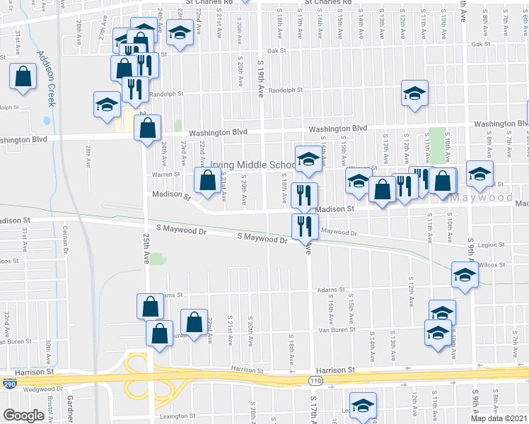 map of restaurants, bars, coffee shops, grocery stores, and more near 1900 Madison Street in Maywood