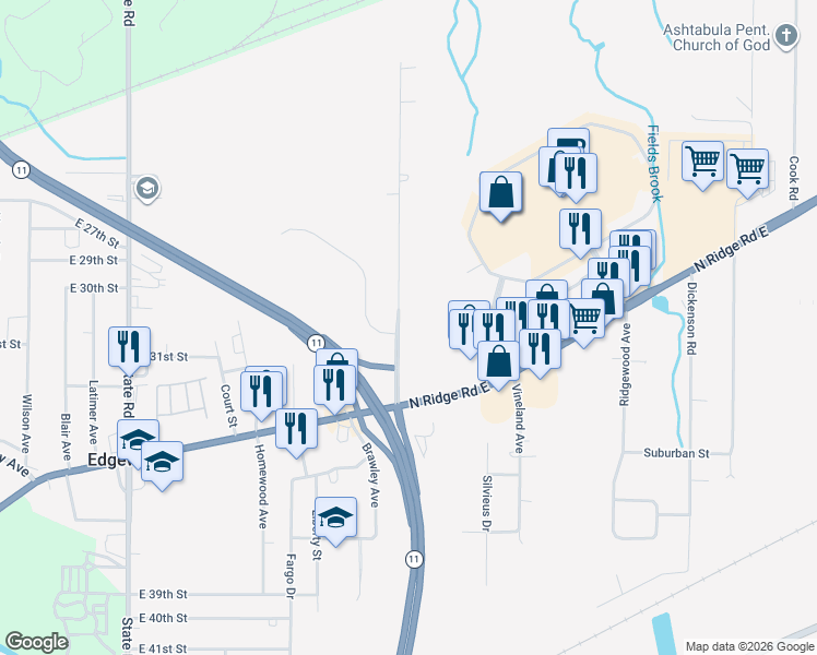 map of restaurants, bars, coffee shops, grocery stores, and more near 3038 Eureka Road in Ashtabula