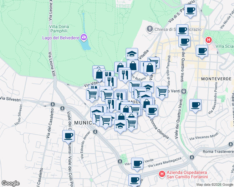 map of restaurants, bars, coffee shops, grocery stores, and more near 21-23 Via Raffaele Paolucci in Rome
