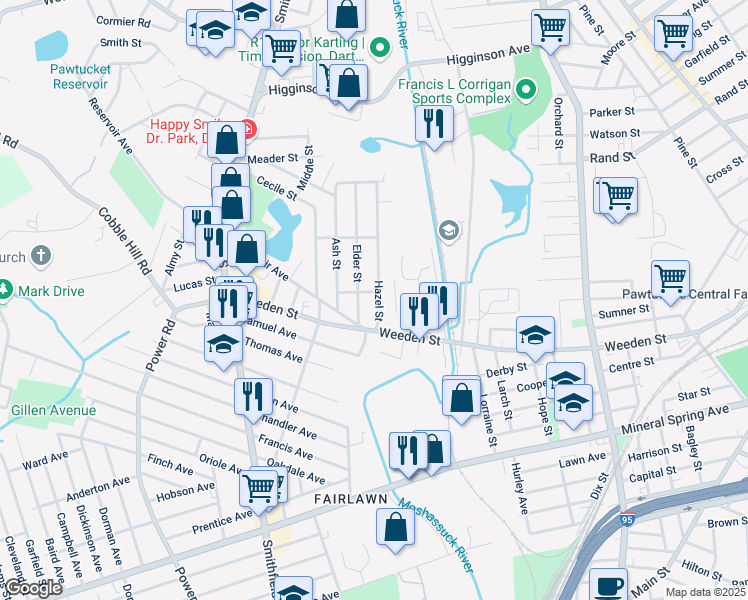 map of restaurants, bars, coffee shops, grocery stores, and more near 32 Hazel Street in Pawtucket