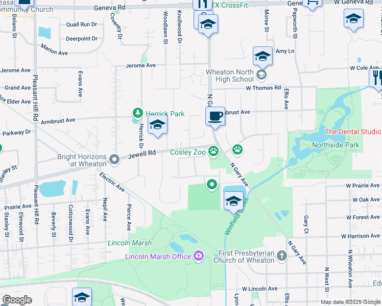 map of restaurants, bars, coffee shops, grocery stores, and more near 1141 Oakview Drive in Wheaton