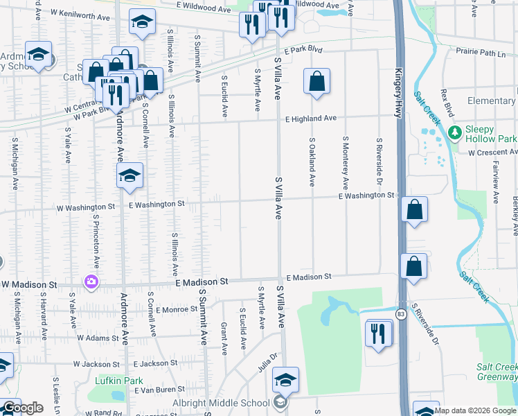 map of restaurants, bars, coffee shops, grocery stores, and more near 321 East Washington Street in Villa Park