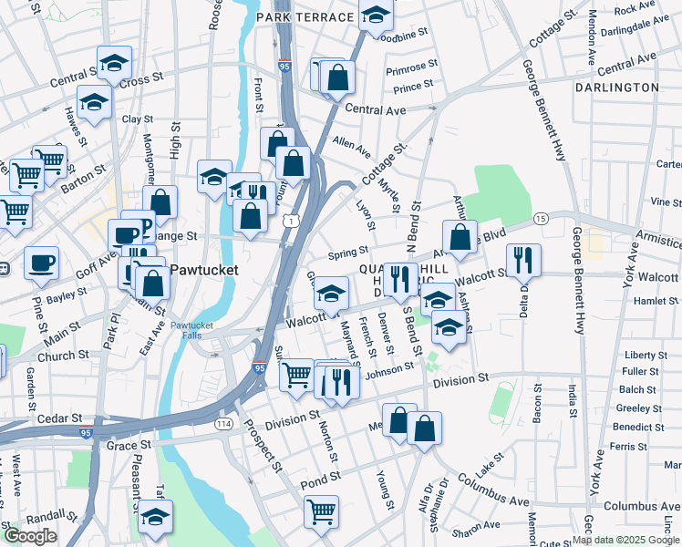 map of restaurants, bars, coffee shops, grocery stores, and more near 26 Armistice Boulevard in Pawtucket