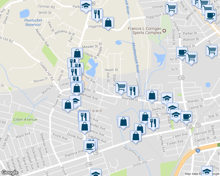 map of restaurants, bars, coffee shops, grocery stores, and more near 9 Ash Street in Pawtucket