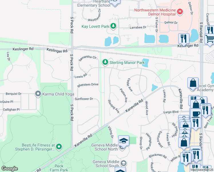 map of restaurants, bars, coffee shops, grocery stores, and more near 836 Sterling Avenue in Geneva