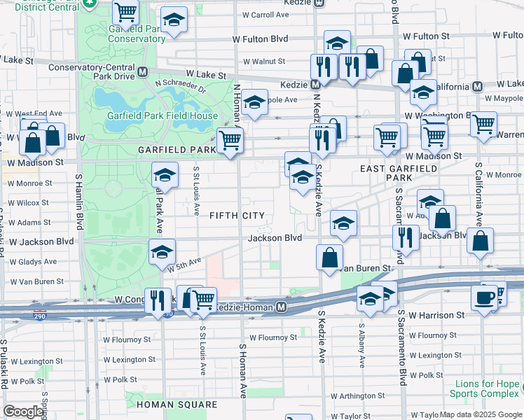map of restaurants, bars, coffee shops, grocery stores, and more near 3328 West Adams Street in Chicago