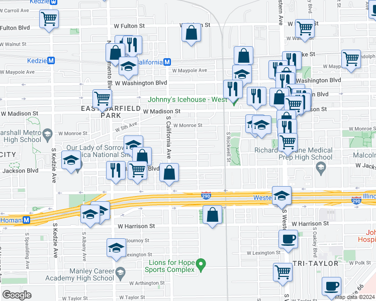 map of restaurants, bars, coffee shops, grocery stores, and more near 2718 West Adams Street in Chicago