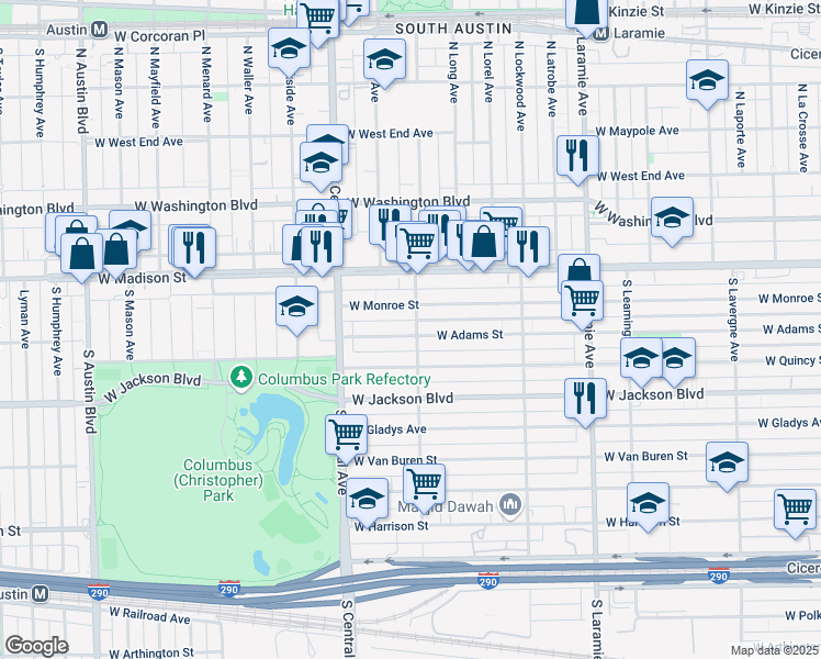 map of restaurants, bars, coffee shops, grocery stores, and more near 5502 West Adams Street in Chicago