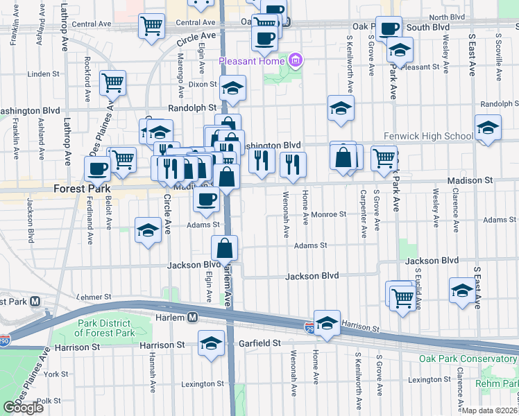 map of restaurants, bars, coffee shops, grocery stores, and more near 525 Wisconsin Avenue in Oak Park