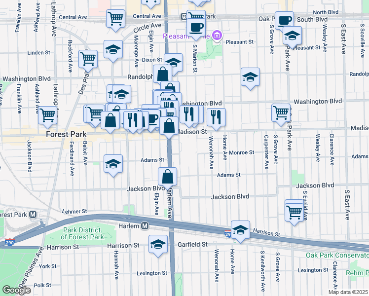 map of restaurants, bars, coffee shops, grocery stores, and more near 520 South Maple Avenue in Oak Park