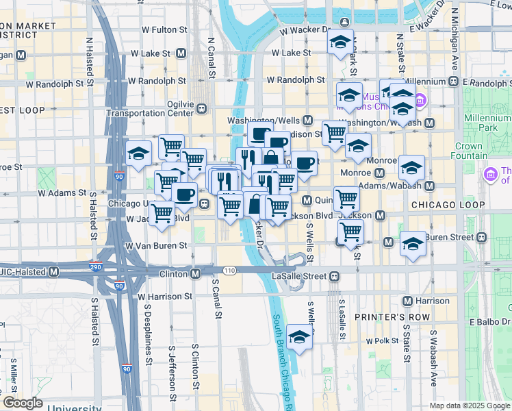 map of restaurants, bars, coffee shops, grocery stores, and more near 250 South Wacker Drive in Chicago