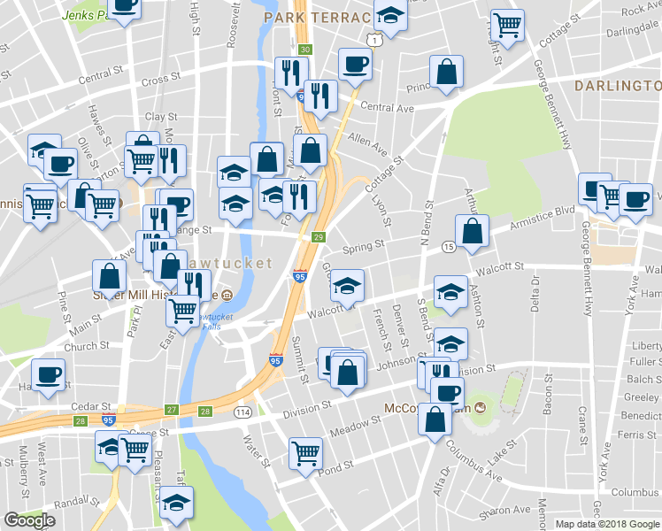 map of restaurants, bars, coffee shops, grocery stores, and more near 26 Grove Street in Pawtucket