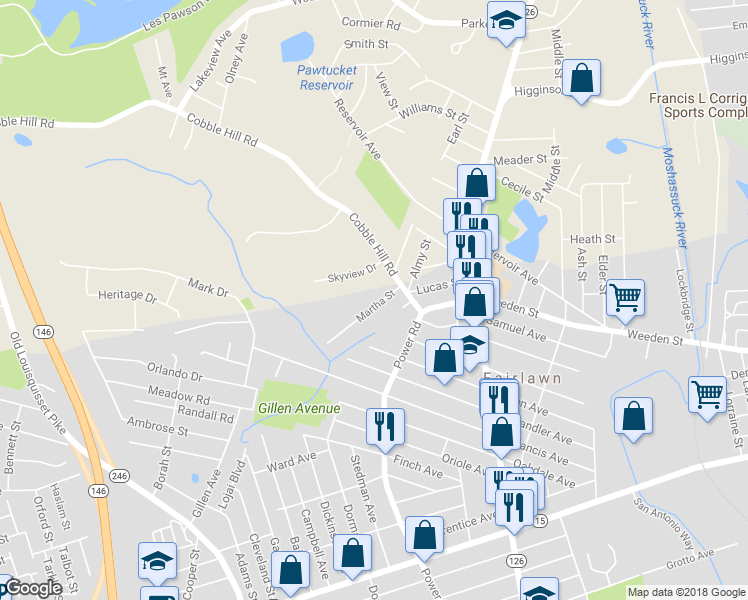 map of restaurants, bars, coffee shops, grocery stores, and more near 39 Martha Street in Pawtucket