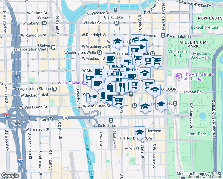 map of restaurants, bars, coffee shops, grocery stores, and more near 231 South La Salle Street in Chicago