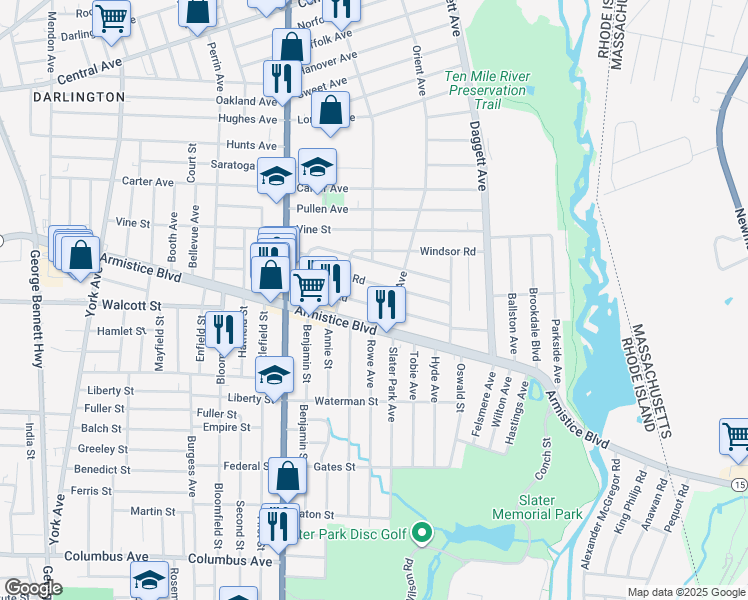 map of restaurants, bars, coffee shops, grocery stores, and more near 90 Whittier Rd in Pawtucket