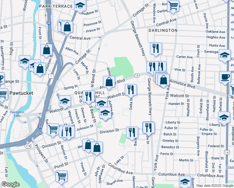 map of restaurants, bars, coffee shops, grocery stores, and more near 296 Walcott Street in Pawtucket