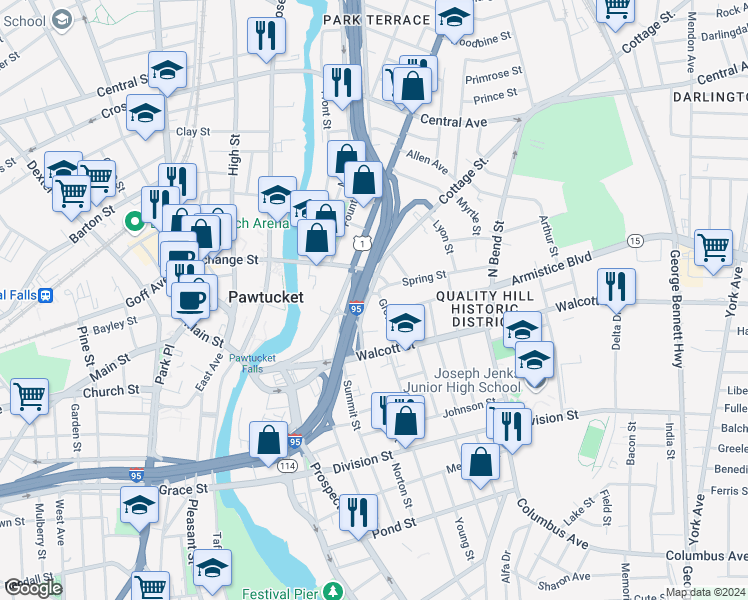 map of restaurants, bars, coffee shops, grocery stores, and more near 26 Grove Street in Pawtucket