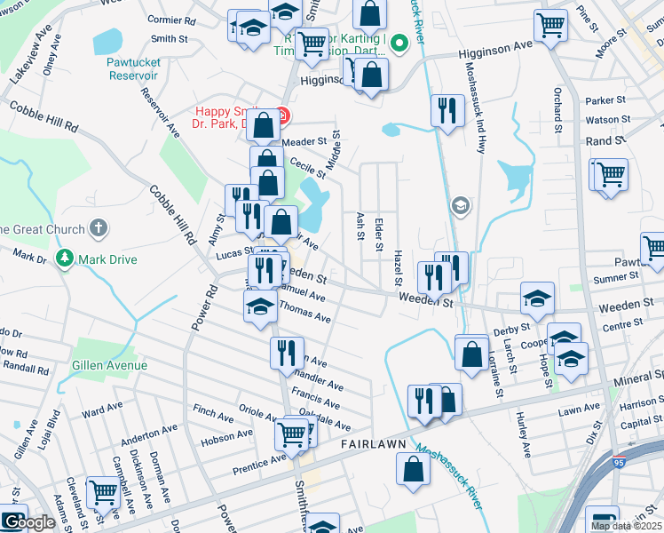 map of restaurants, bars, coffee shops, grocery stores, and more near 70 Reservoir Avenue in Pawtucket