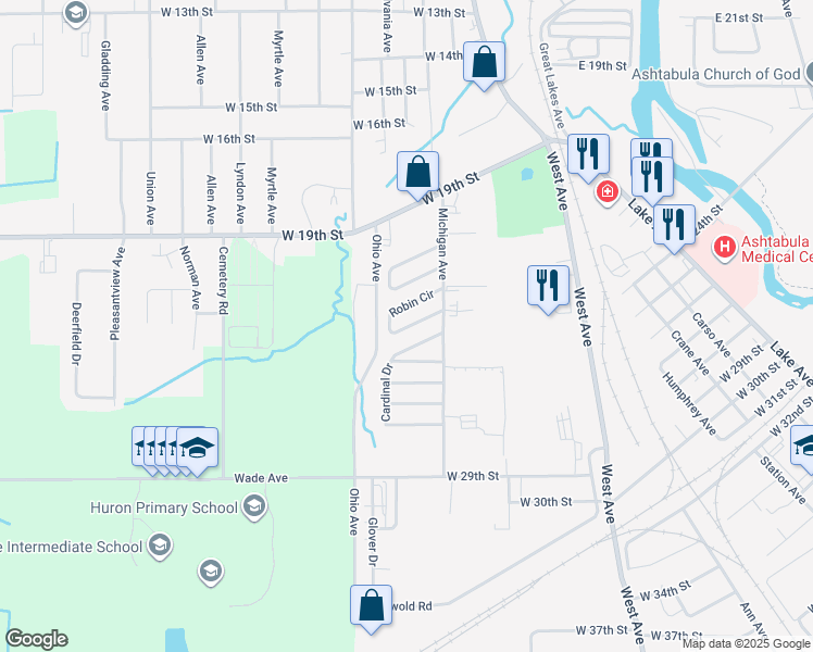 map of restaurants, bars, coffee shops, grocery stores, and more near 1736 Robin Circle in Ashtabula