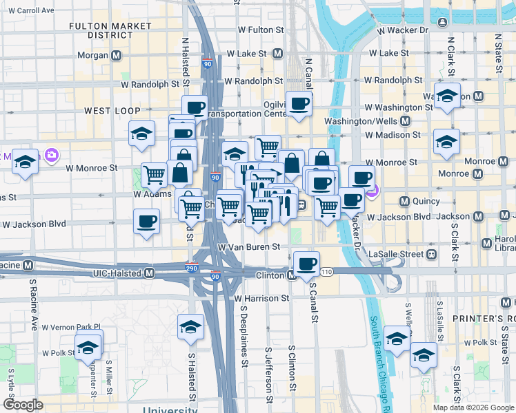 map of restaurants, bars, coffee shops, grocery stores, and more near 223 South Desplaines Street in Chicago