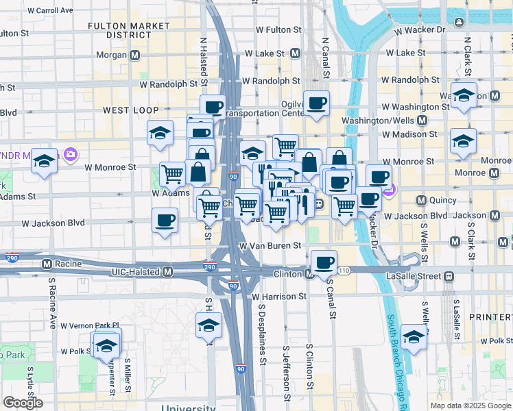 map of restaurants, bars, coffee shops, grocery stores, and more near 223 South Desplaines Street in Chicago