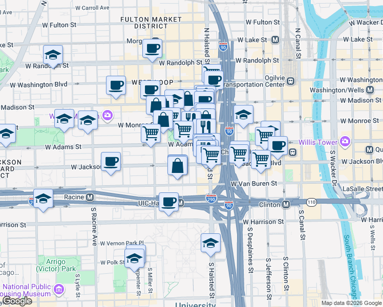 map of restaurants, bars, coffee shops, grocery stores, and more near 221 South Peoria Street in Chicago