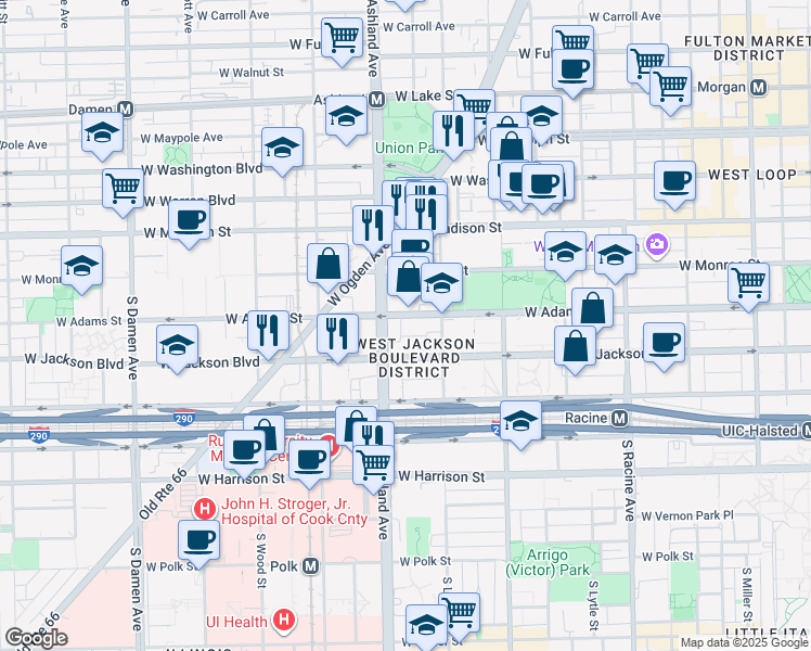 map of restaurants, bars, coffee shops, grocery stores, and more near 201 South Ashland Avenue in Chicago