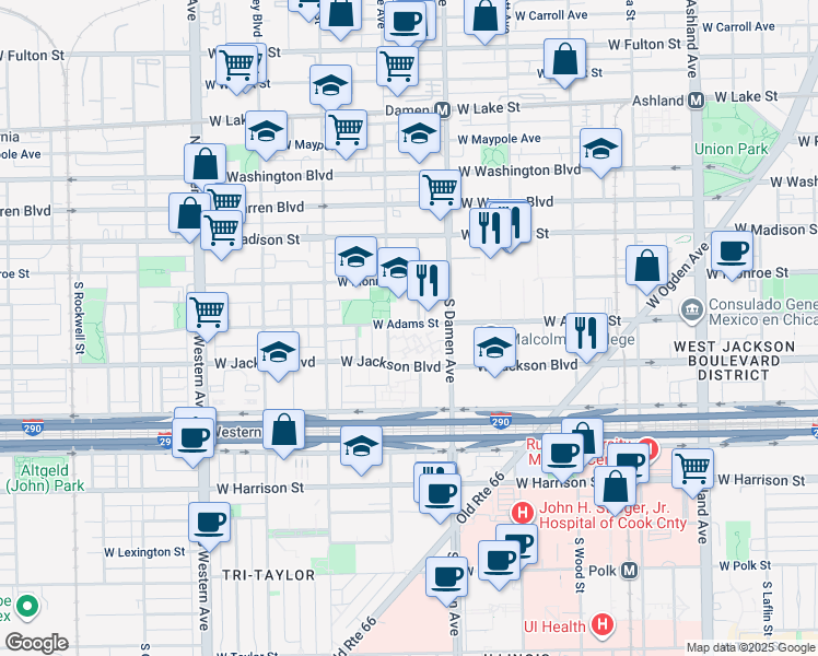 map of restaurants, bars, coffee shops, grocery stores, and more near 2035 West Adams Street in Chicago