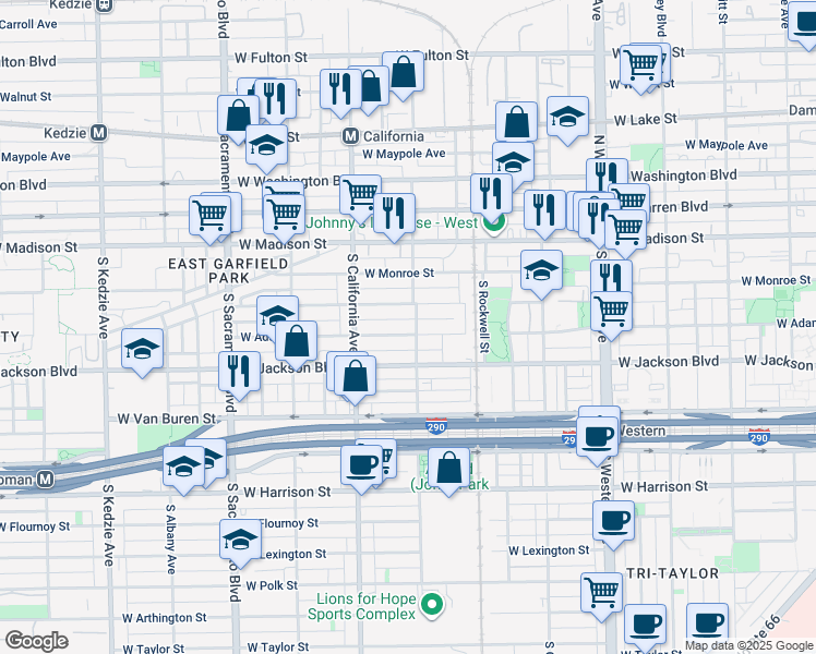 map of restaurants, bars, coffee shops, grocery stores, and more near 2718 West Adams Street in Chicago