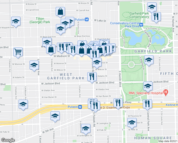 map of restaurants, bars, coffee shops, grocery stores, and more near 55 South Pulaski Road in Chicago