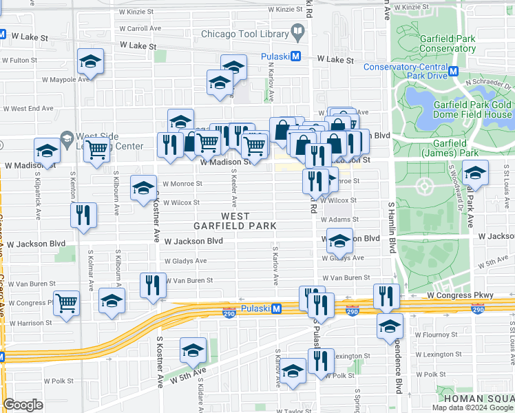 map of restaurants, bars, coffee shops, grocery stores, and more near 4123 West Wilcox Street in Chicago