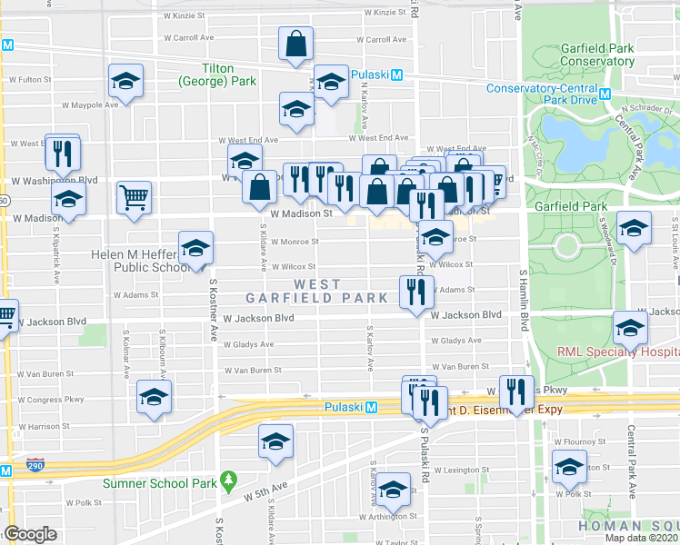 map of restaurants, bars, coffee shops, grocery stores, and more near 4123 West Wilcox Street in Chicago