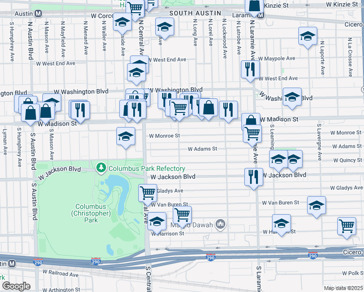 map of restaurants, bars, coffee shops, grocery stores, and more near 5502 West Adams Street in Chicago