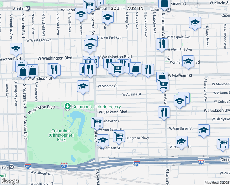 map of restaurants, bars, coffee shops, grocery stores, and more near 5502 West Adams Street in Chicago