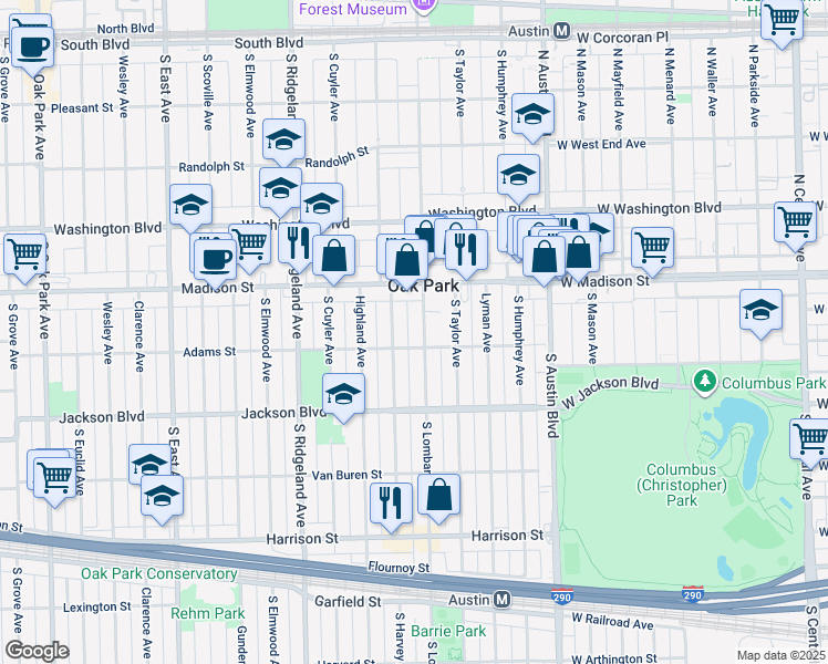 map of restaurants, bars, coffee shops, grocery stores, and more near 541 South Lombard Avenue in Oak Park